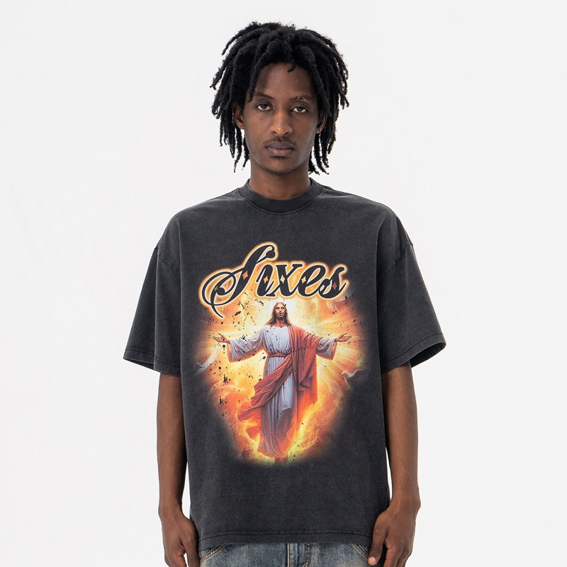 Men's Vintage Prayer Print Crew Neck Short Sleeve T-Shirt
