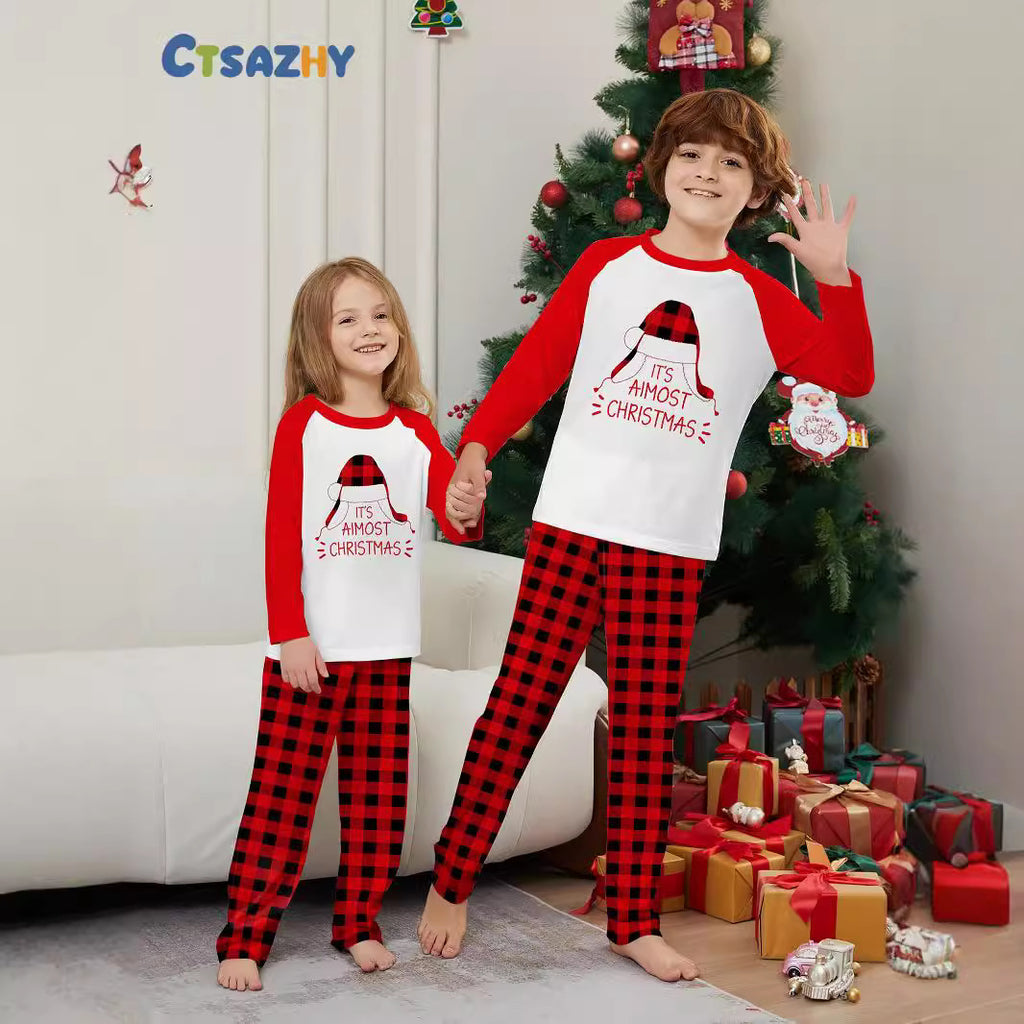 Christmas Hat Letter Plaid Christmas Family Matching Printed Home Wear Pajamas