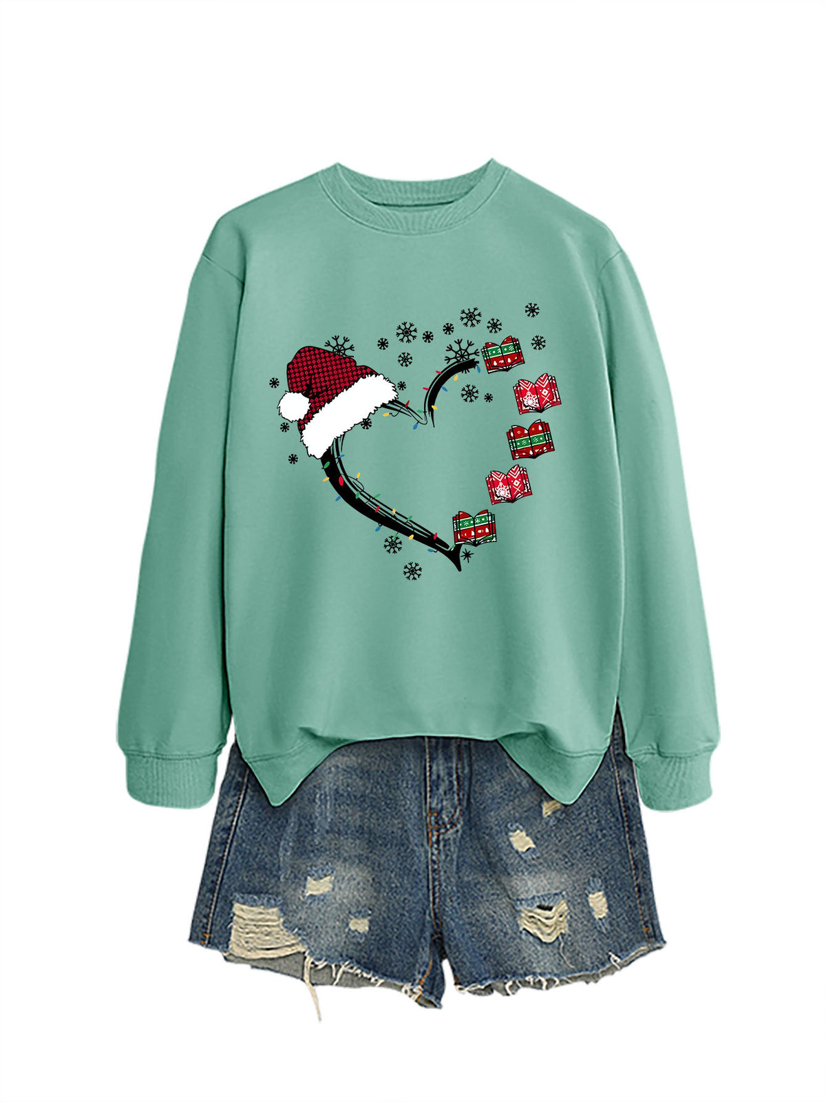 Christmas hat snowflake heart-shaped book colorful lights hoodie