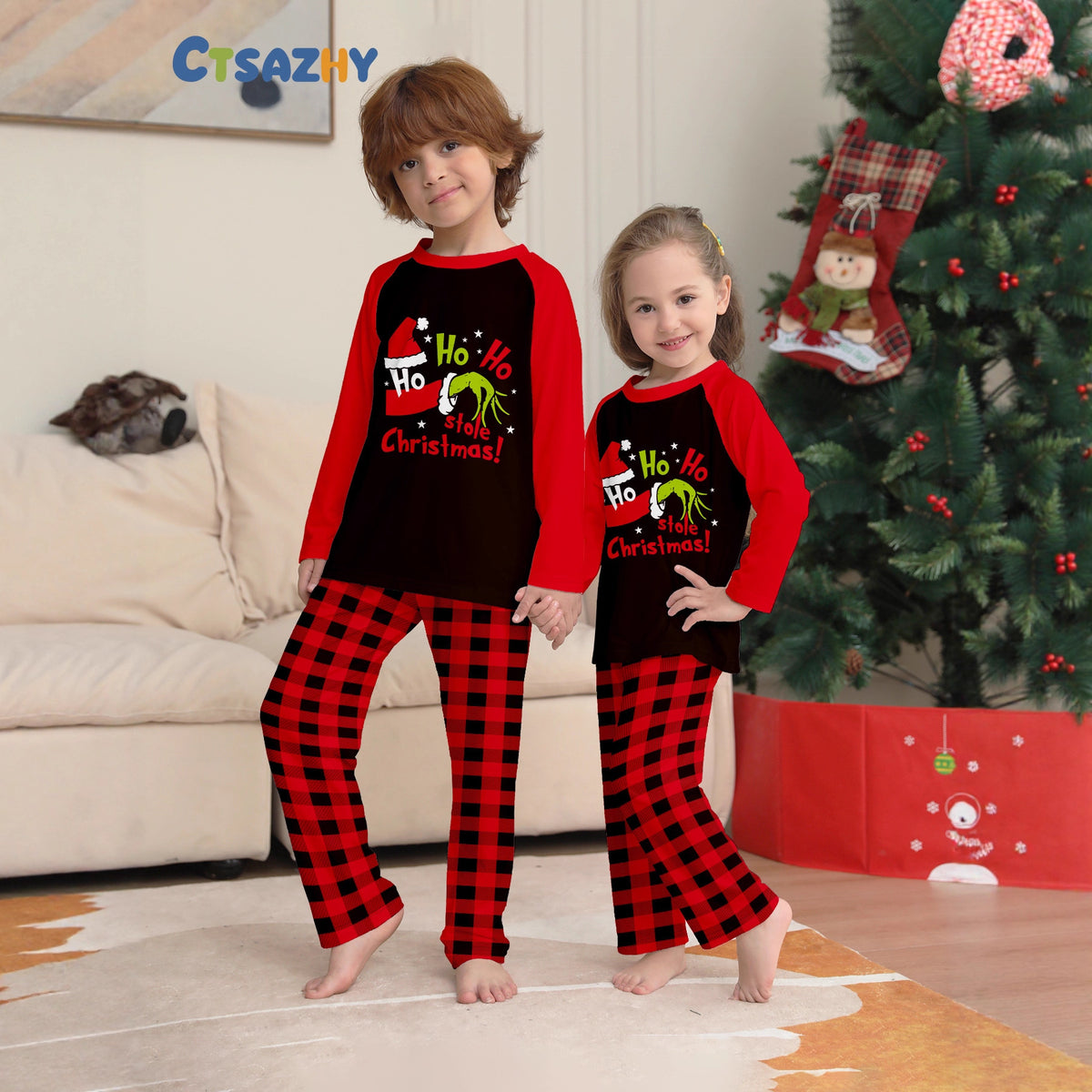 Christmas Family Matching Pajamas Set with Finger Alphabet Print Raglan Sleeve, Red Plaid Sleepwear and Loungewear