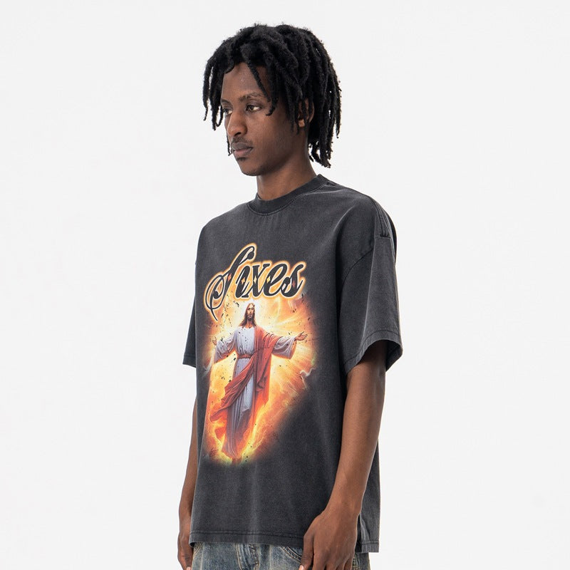 Men's Vintage Prayer Print Crew Neck Short Sleeve T-Shirt