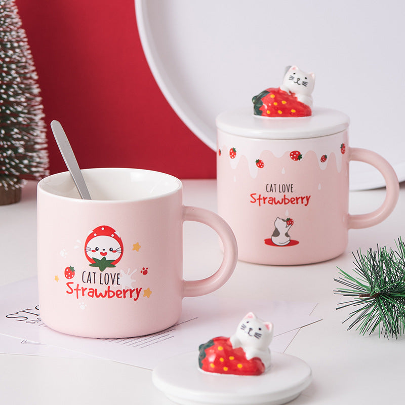 Creative Cartoon Ceramic Mug With Lid Cute Strawberry Mug Christmas Gift Mug Cup