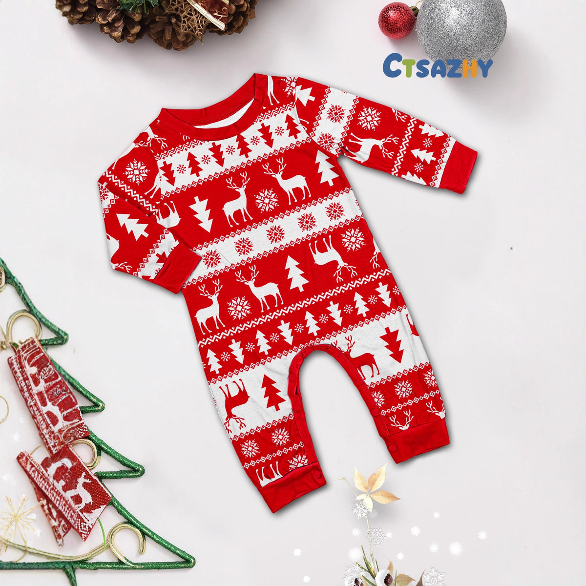 Family Christmas Pajamas White Christmas Tree and Deer Print Sleepwear, Red Home Wear