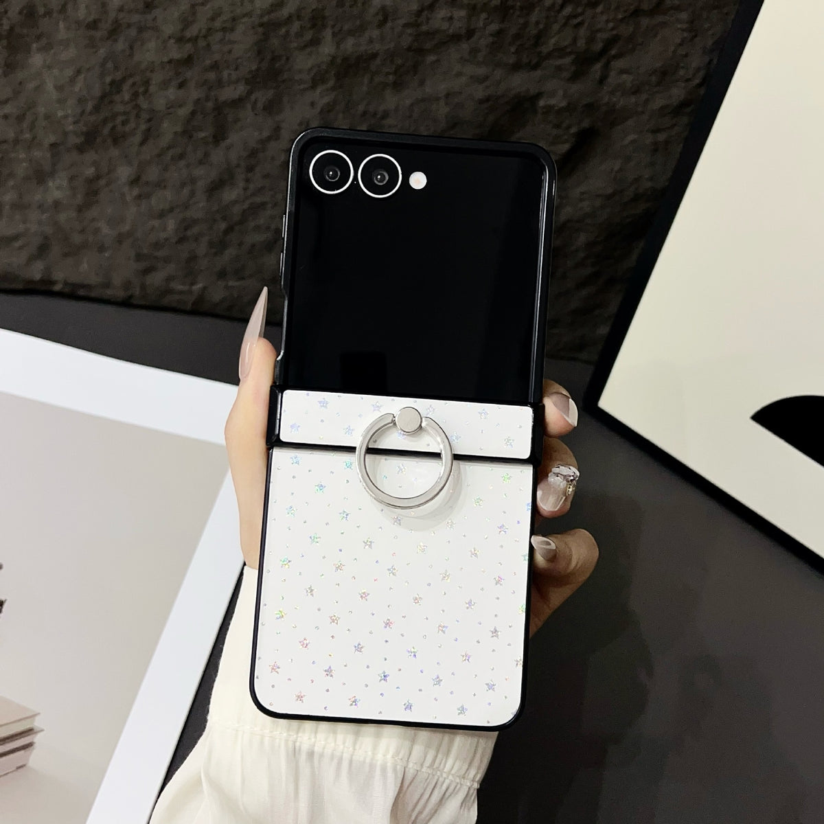 Compatible with Samsung Z Flip7 Glitter Star Ring Holder Metal Clip for Z Flip5/4 Phone Case Z Flip6 Leather Texture