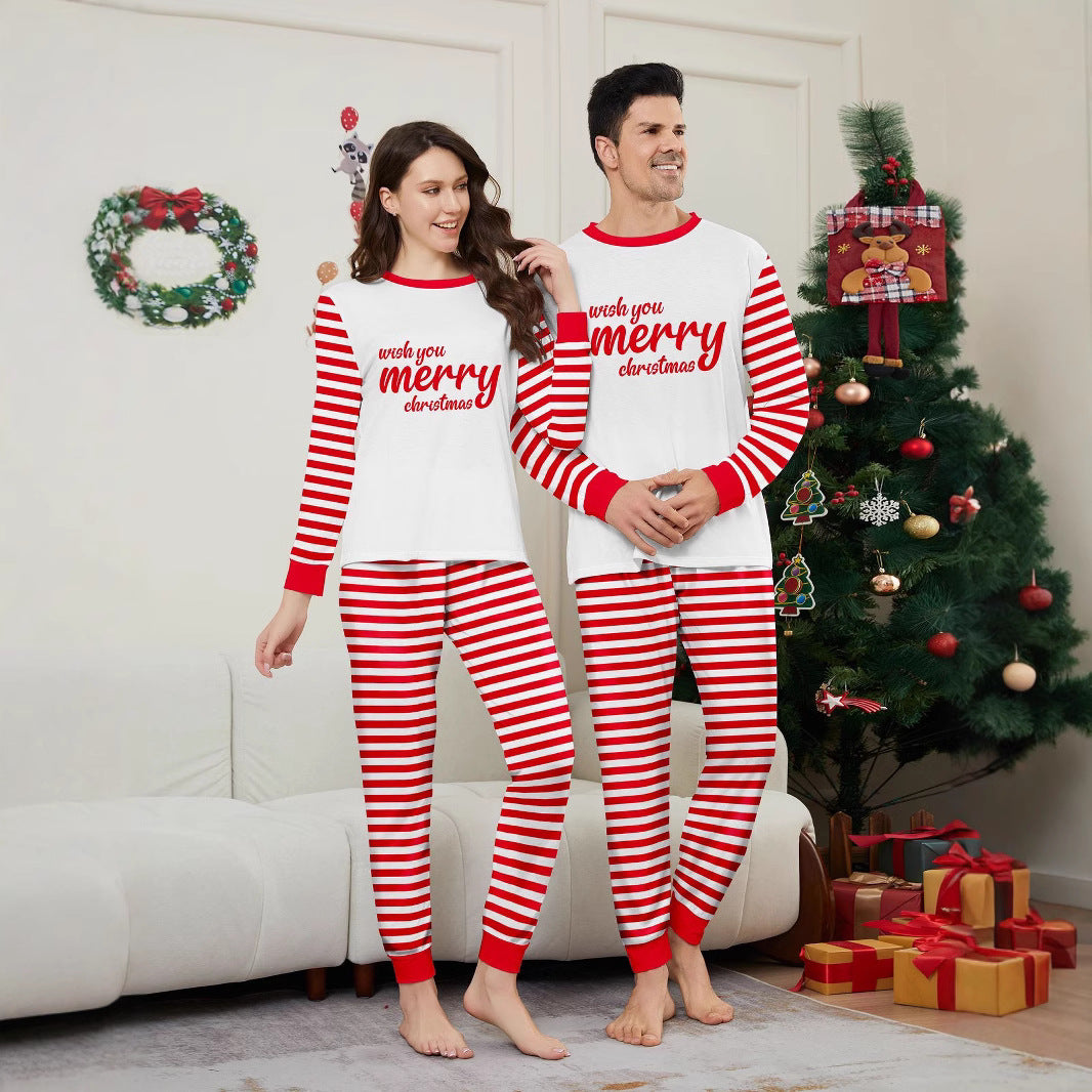 Red and White Stripe Letter Color-block Christmas Family Matching Printed Home Wear Pajamas