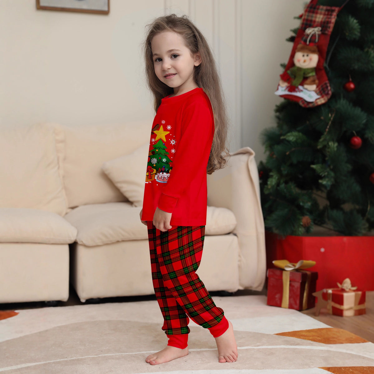 Family Christmas Pajamas Set with Reindeer and Tree Design  Matching Outfit for Kids and Parents