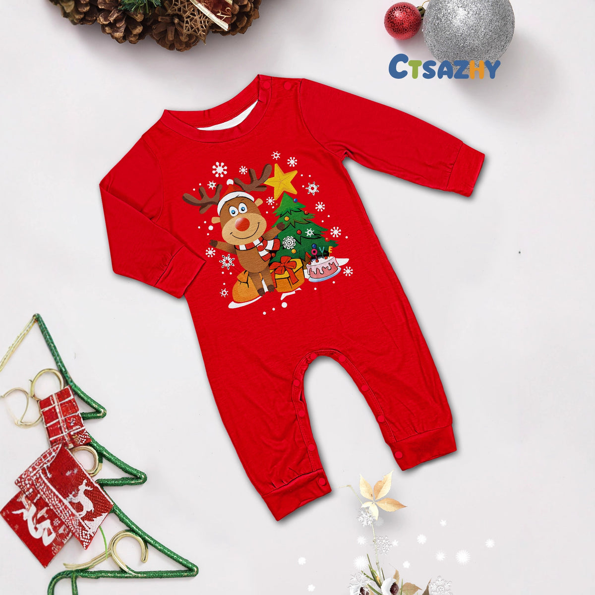 Family Christmas Pajamas Set with Reindeer and Tree Design  Matching Outfit for Kids and Parents