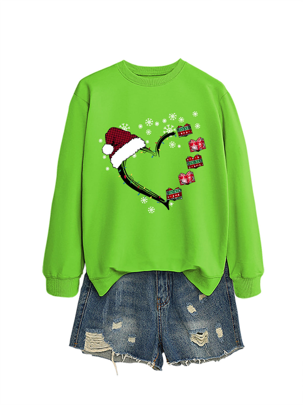 Christmas hat snowflake heart-shaped book colorful lights hoodie