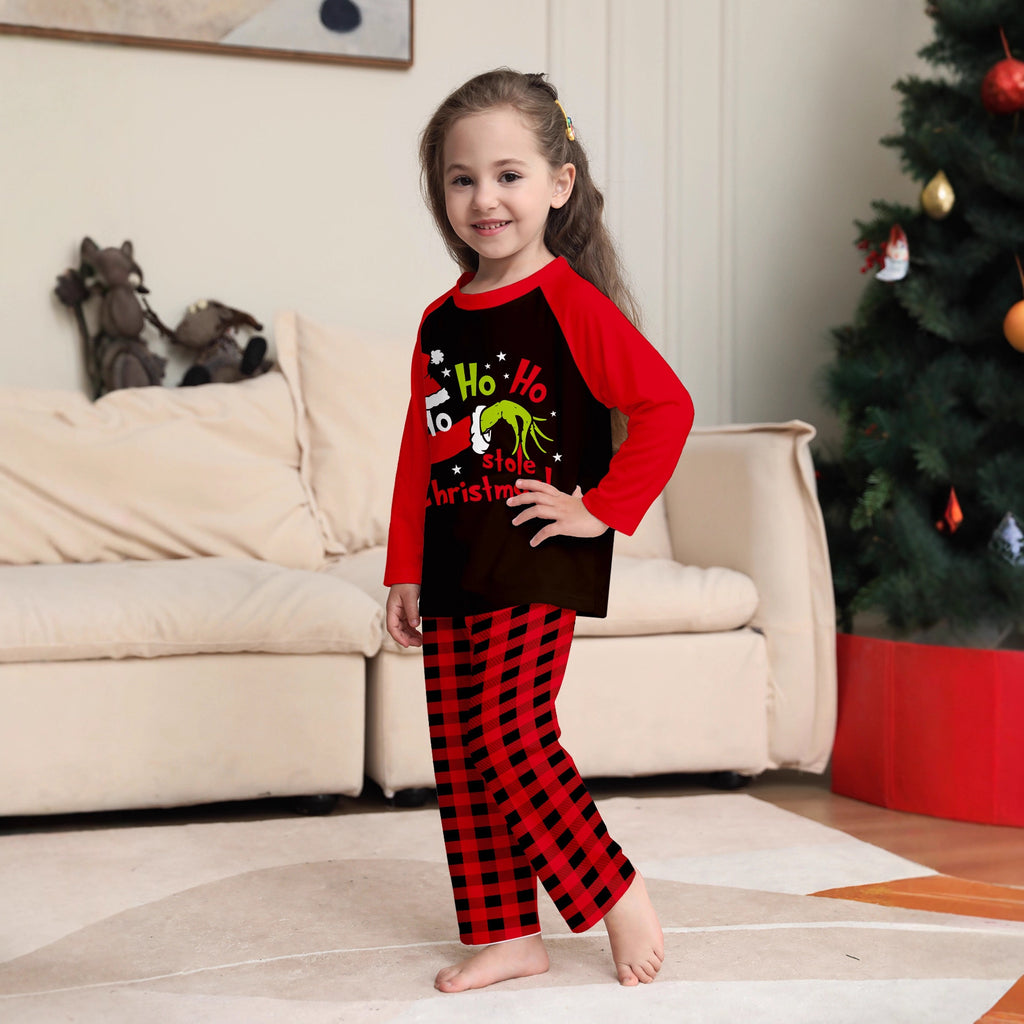Christmas Family Matching Pajamas Set with Finger Alphabet Print Raglan Sleeve, Red Plaid Sleepwear and Loungewear