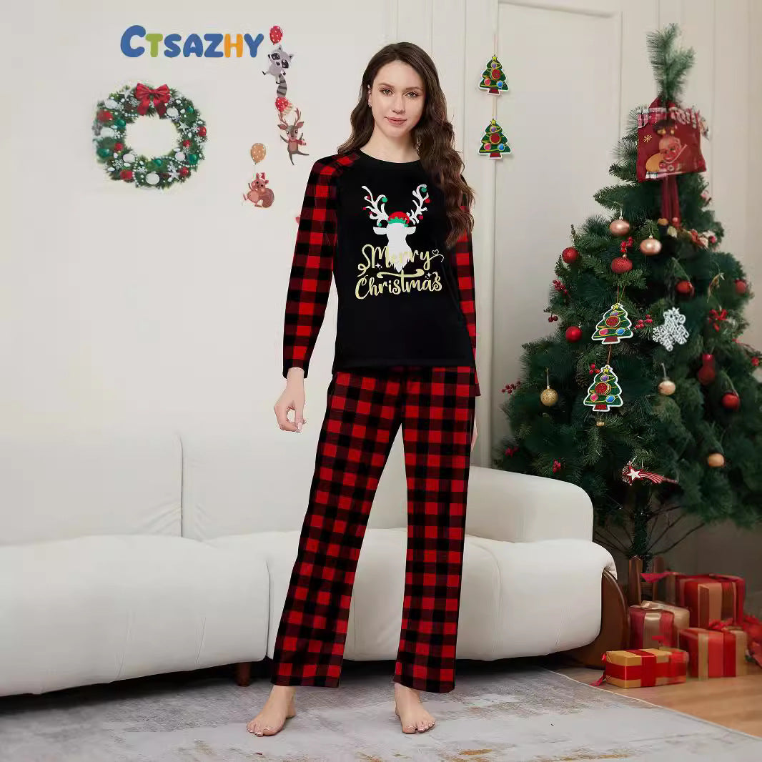 Christmas Deer Letter Plaid Print Family Matching Pajamas Sleepwear