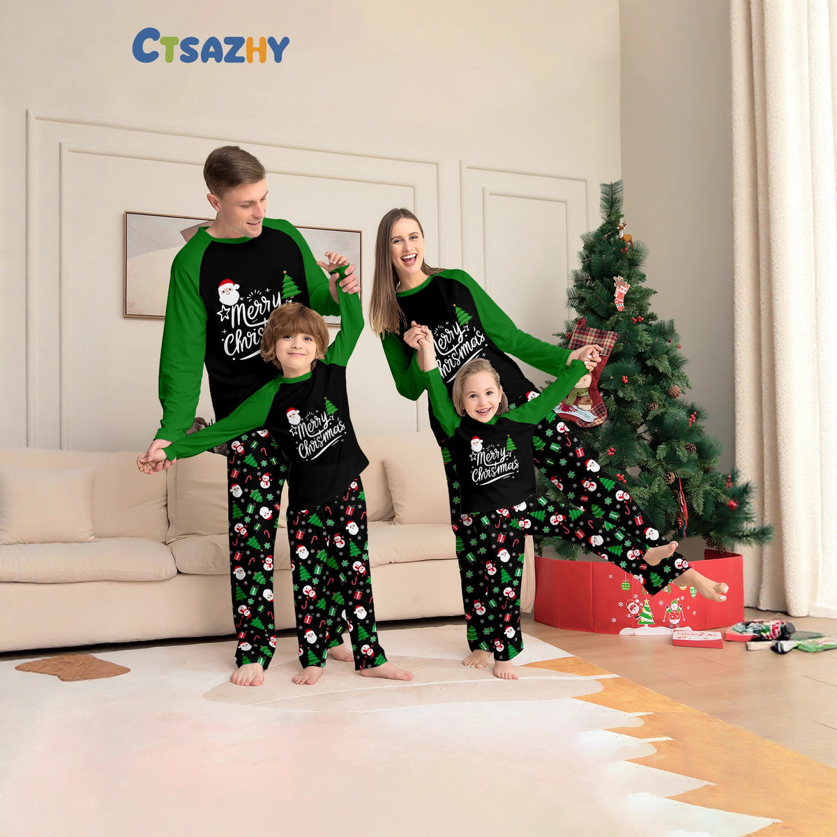 Christmas Family Matching Pajamas Long Sleeve and Pants with Christmas Tree, Santa Claus Letters Green Home Wear
