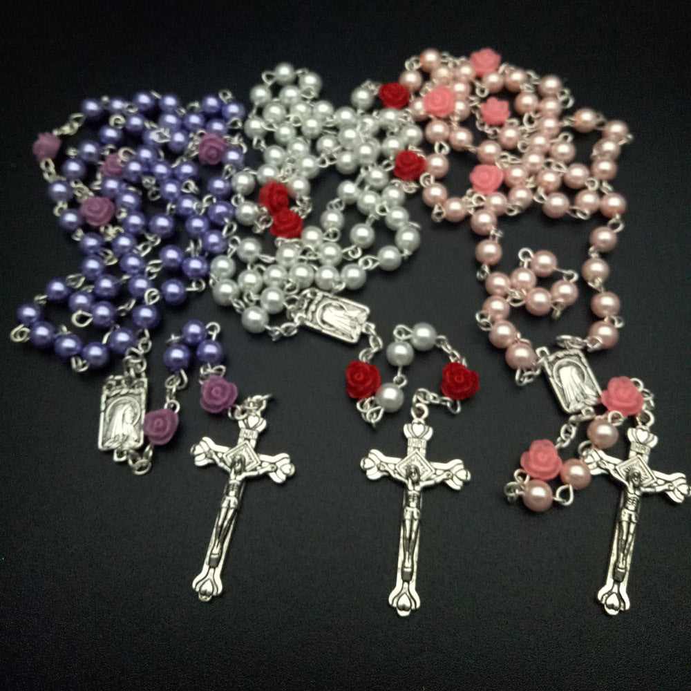 6mm Rose Flower Pearl Rosary Necklace Cross Christian Catholic Jewelry