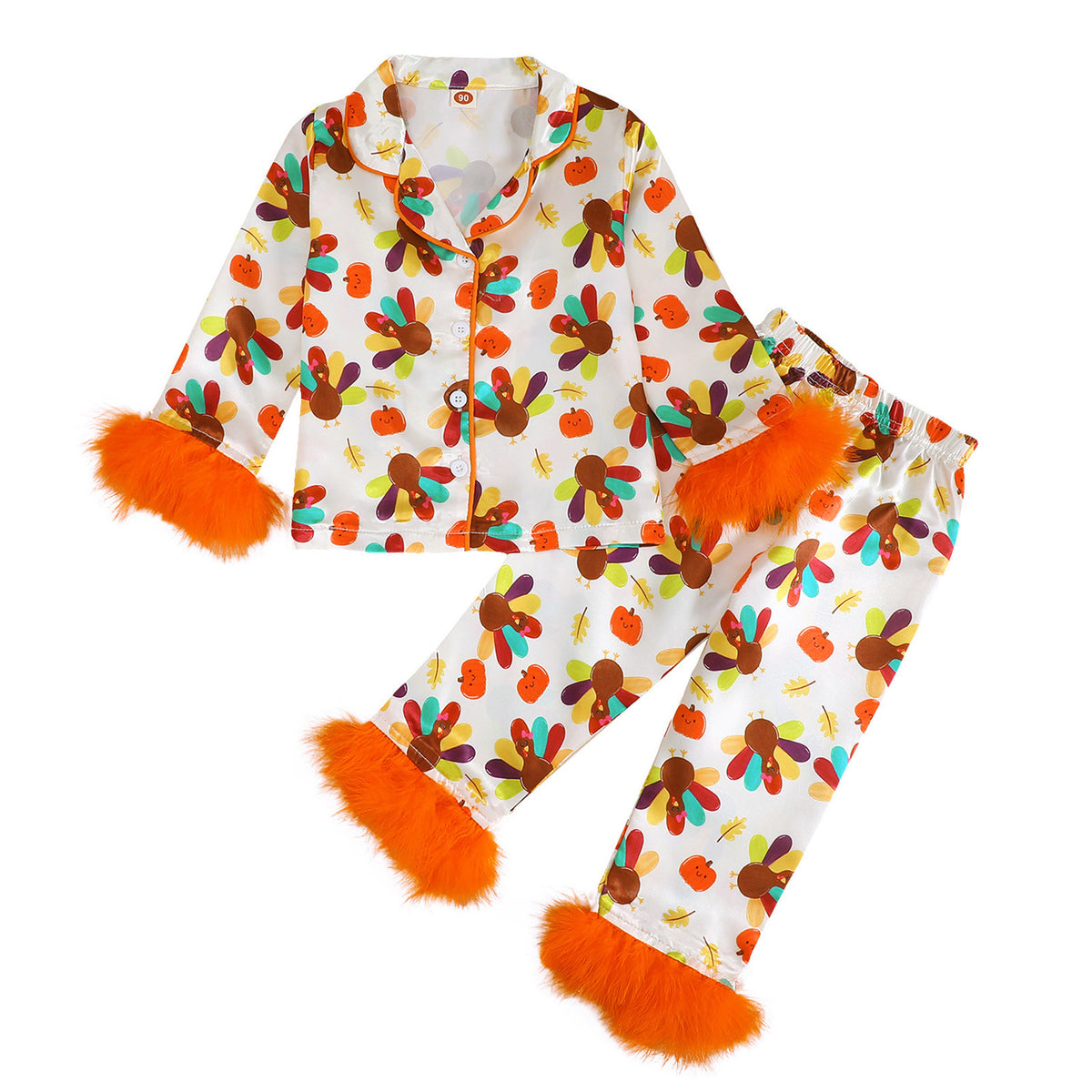 Thanksgiving Plush Sleepwear Set with Frayed Edges, Pumpkin and Turkey Print, Turn-Down Collar, Two-Piece Home Wear