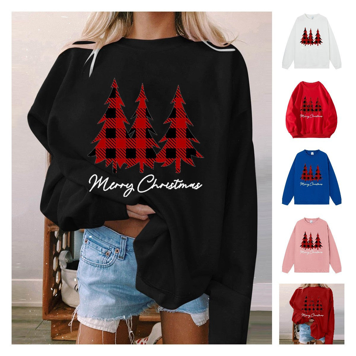 Christmas tree print hoodie for women Christmas off shoulder long sleeved