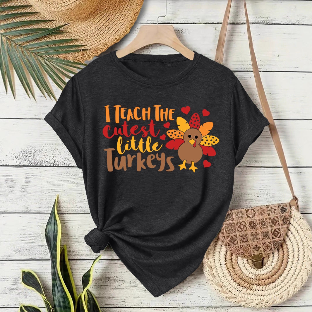 T-shirt short sleeved women's Thanksgiving print