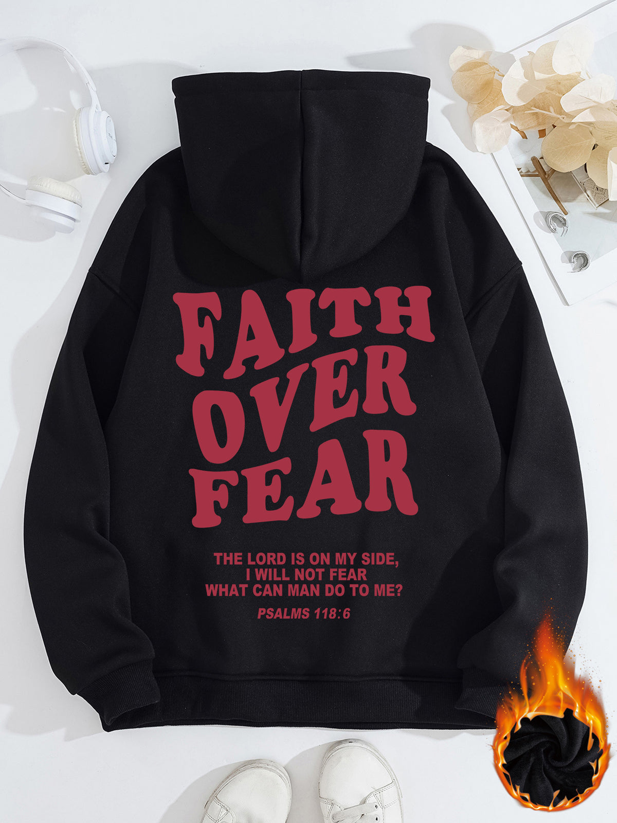 Kangaroo Pocket Hooded Long Sleeve with Thick Velvet FAITH OVER FEAR