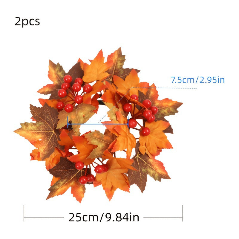Faux Flower Wreath with Red Berries and Maple Leaves for Table and Living Room Decoration, Thanksgiving and Harvest Festival Berry Decor, Candle Holder Wreath