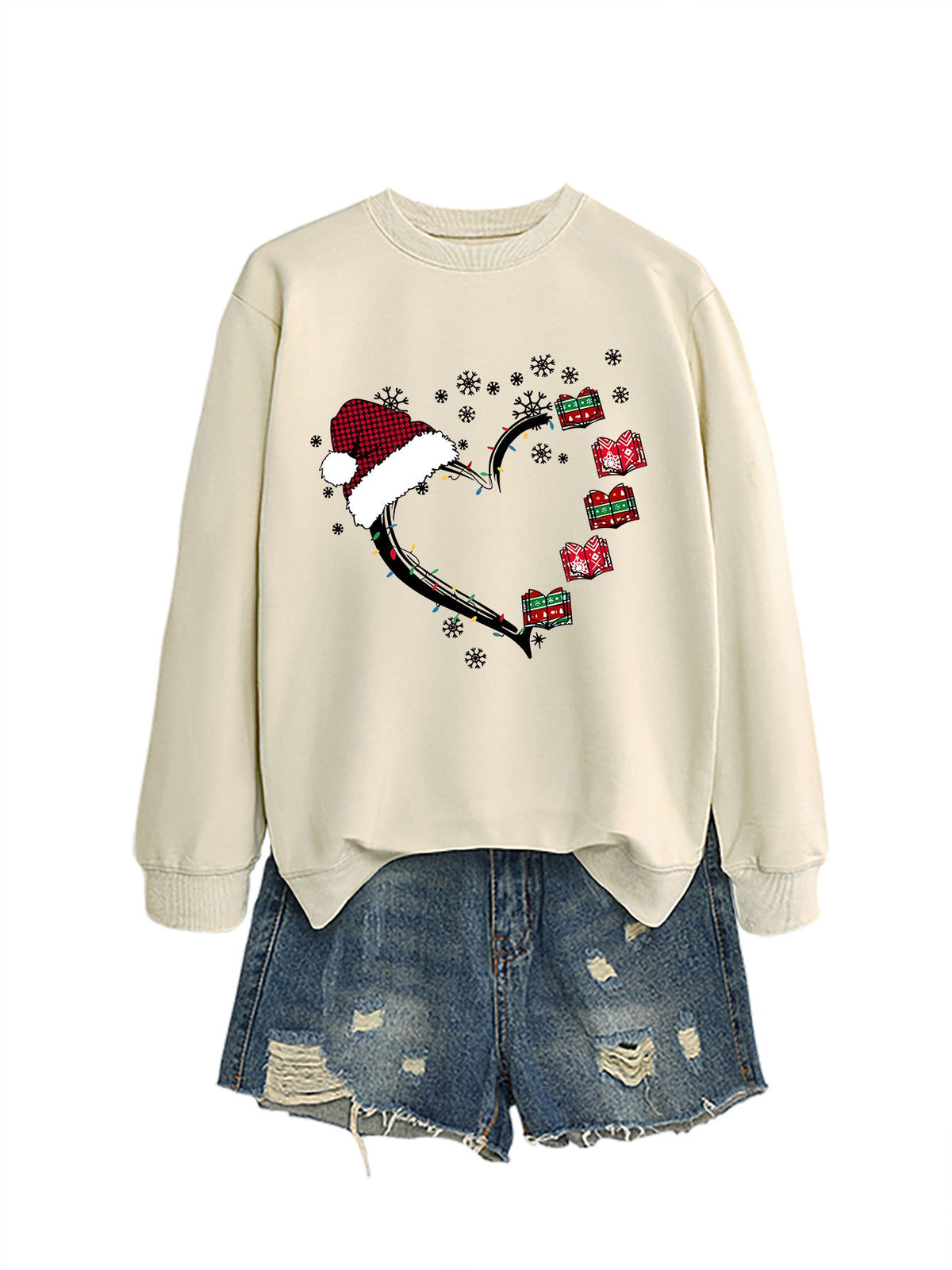 Christmas hat snowflake heart-shaped book colorful lights hoodie