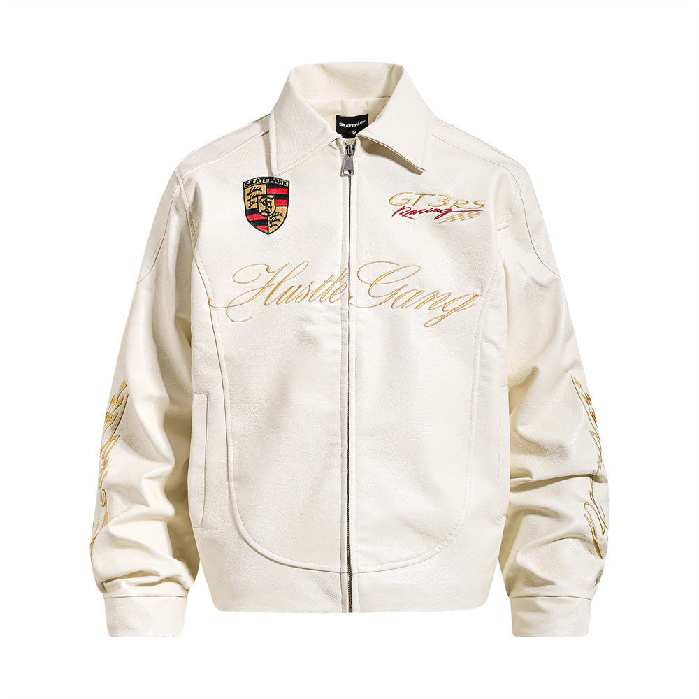 Embroidered PU leather jacket with letters