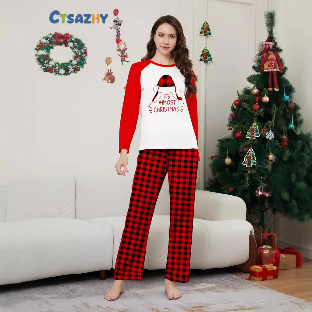 Christmas Hat Letter Plaid Christmas Family Matching Printed Home Wear Pajamas