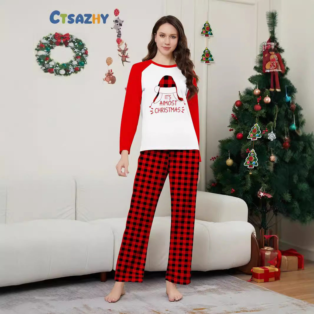 Christmas Hat Letter Plaid Christmas Family Matching Printed Home Wear Pajamas