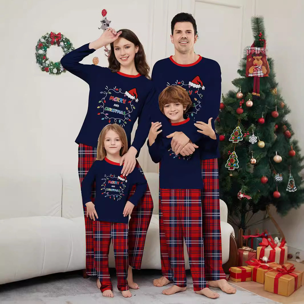 Christmas Hat Letter Light Strip Christmas Family Matching Printed Loungewear Pajamas