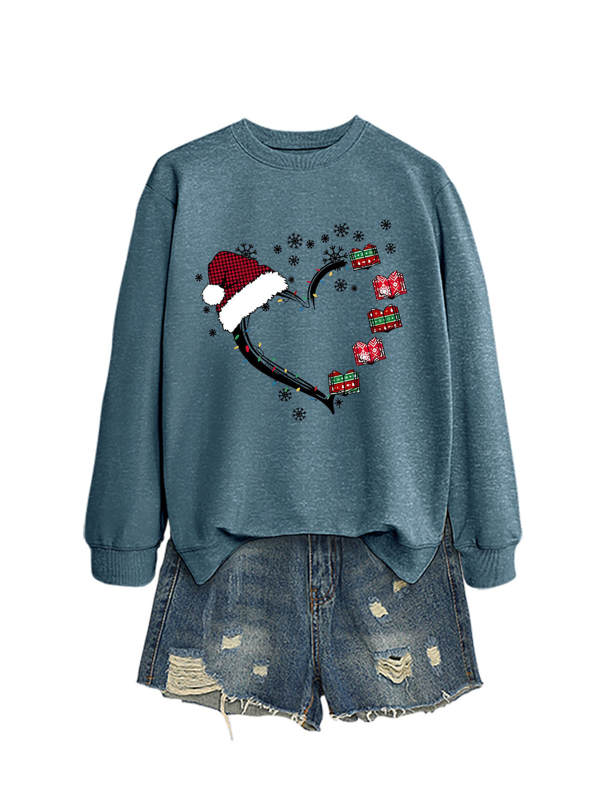 Christmas hat snowflake heart-shaped book colorful lights hoodie