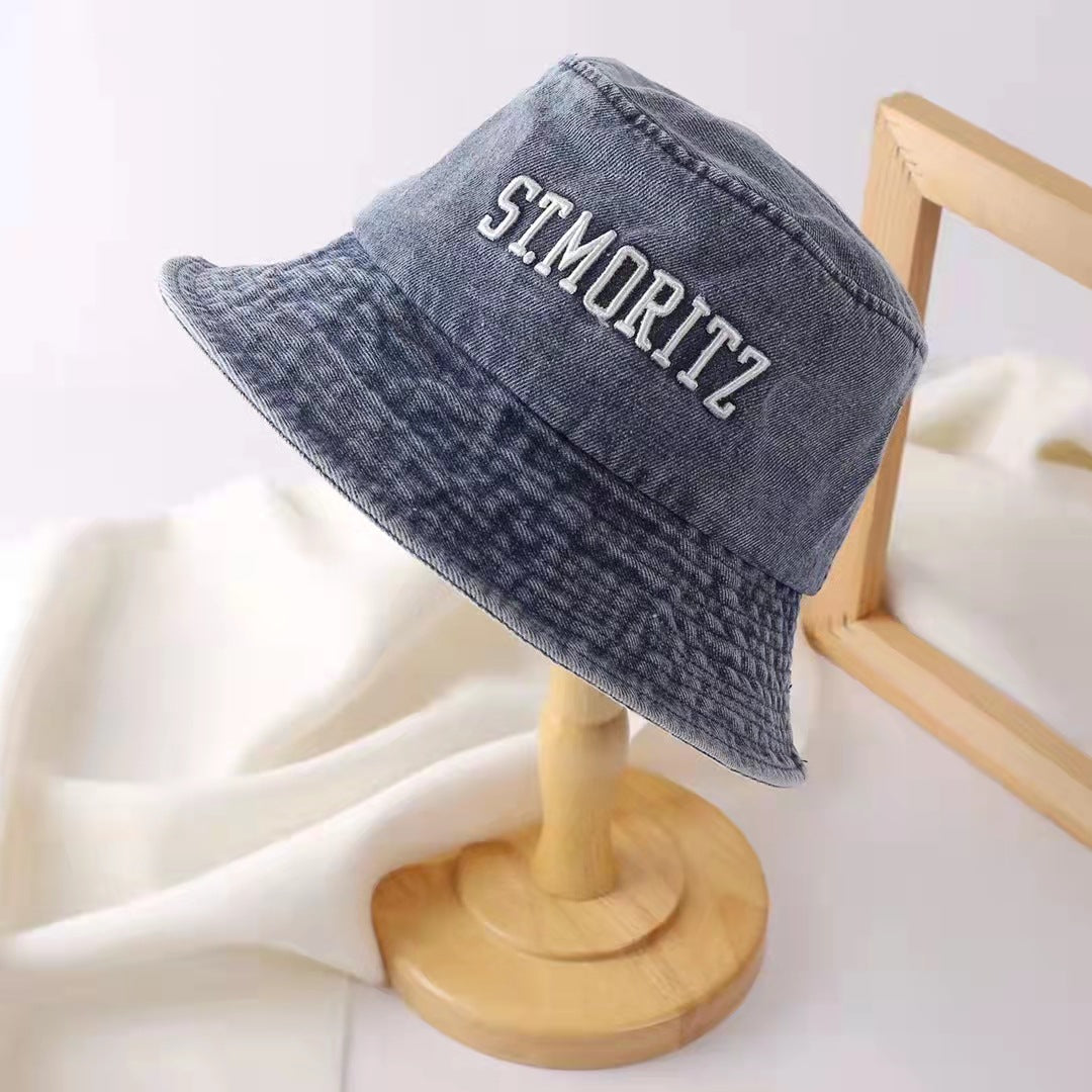 Denim Material Washed Fisherman Hat Female Spring And Summer Retro Old Big Letters Personality Street Net Red Fried Street Trend Hat