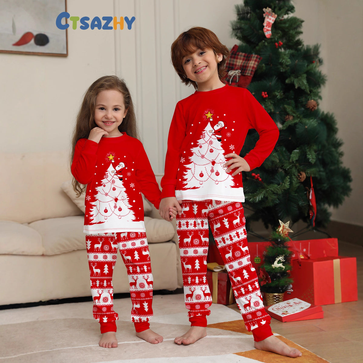 Family Christmas Pajamas White Christmas Tree and Deer Print Sleepwear, Red Home Wear
