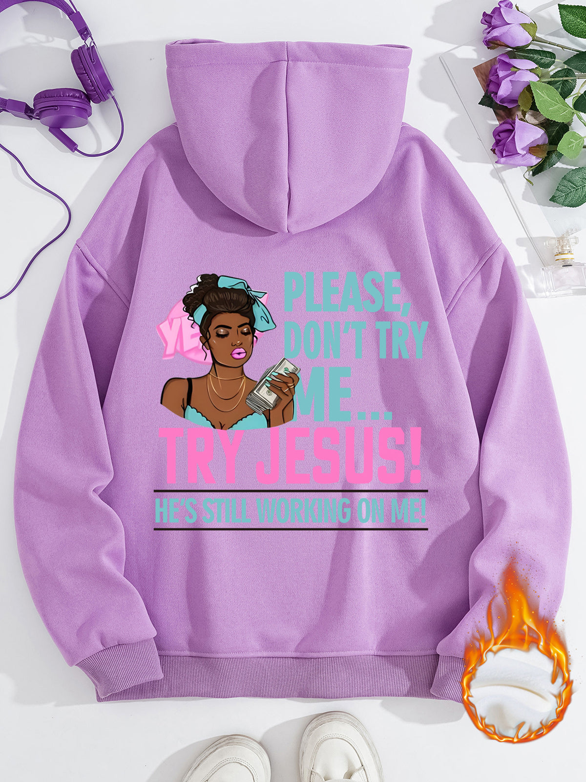 Long sleeved fleece sweatshirt top with TRY JESUS print