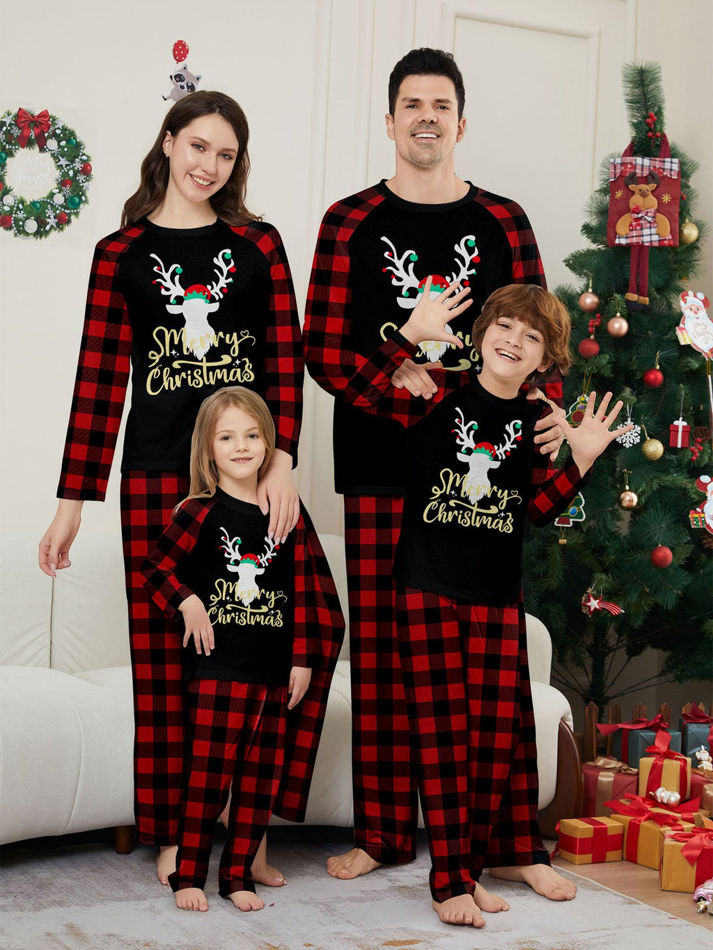Christmas Deer Letter Plaid Print Family Matching Pajamas Sleepwear