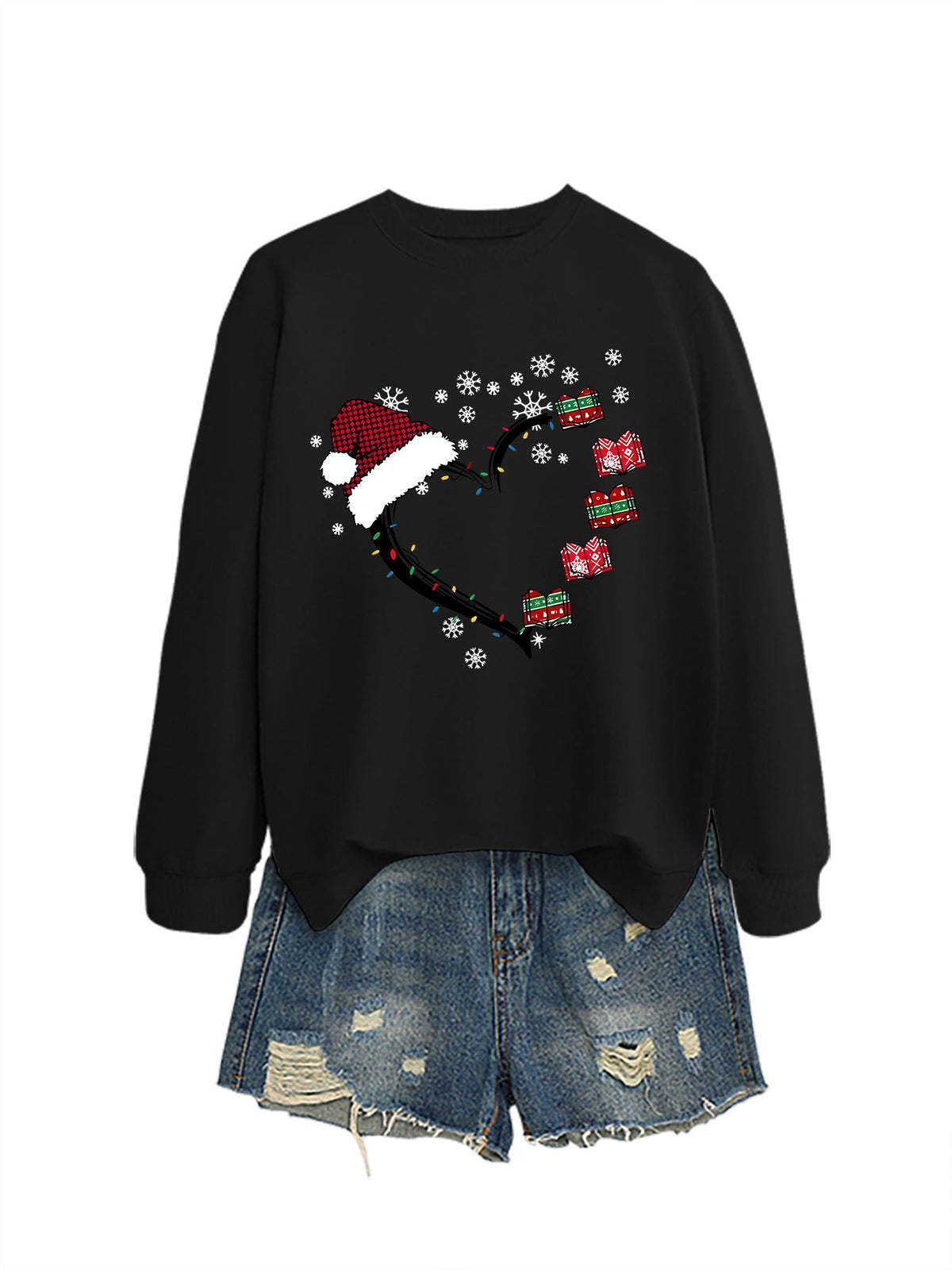 Christmas hat snowflake heart-shaped book colorful lights hoodie