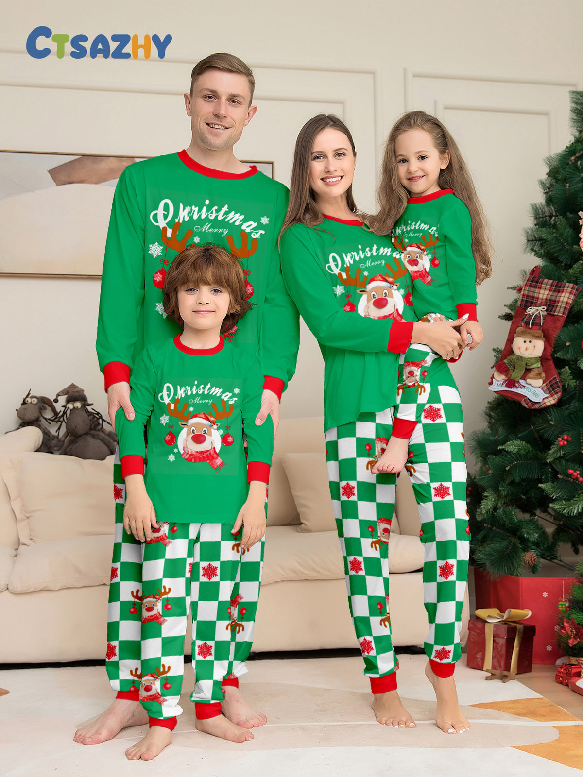 Christmas Deer Plaid Letter Print Matching Family Pajamas Sleepwear