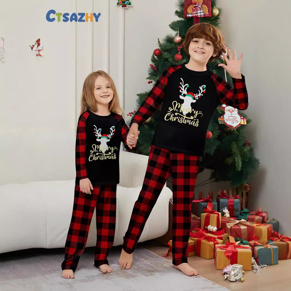 Christmas Deer Letter Plaid Print Family Matching Pajamas Sleepwear