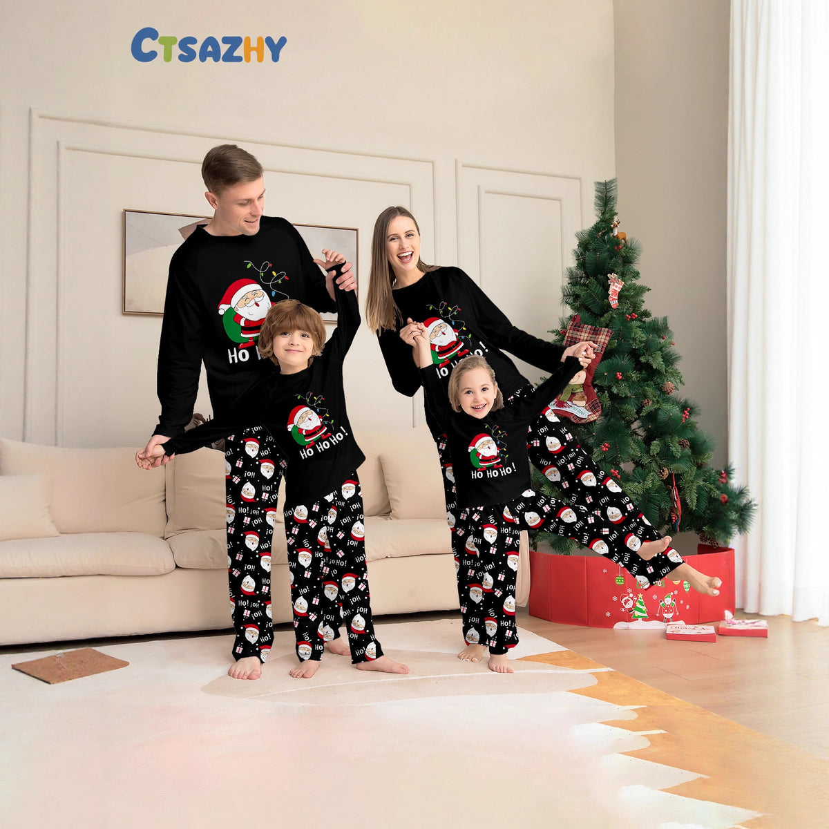 Family Christmas Pajamas Set with Santa Backpack Black Home Wear for Holiday Photos