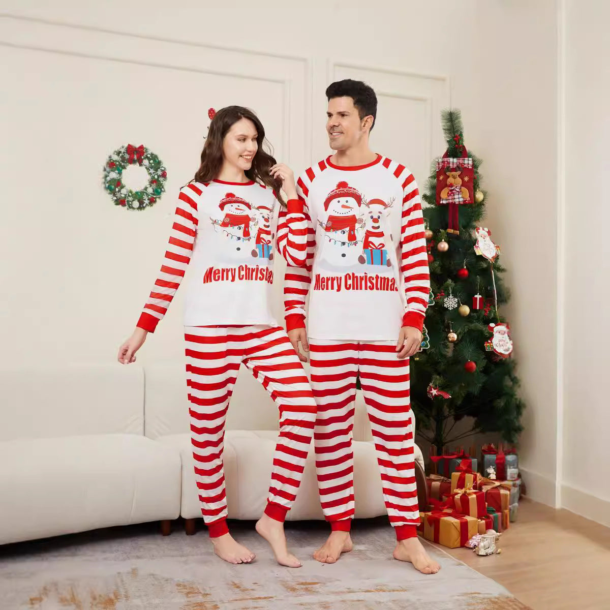 Christmas Family Matching Pajamas with Snowman Deer Letter Stripe Print