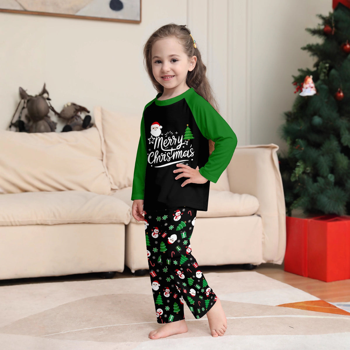 Christmas Family Matching Pajamas Long Sleeve and Pants with Christmas Tree, Santa Claus Letters Green Home Wear
