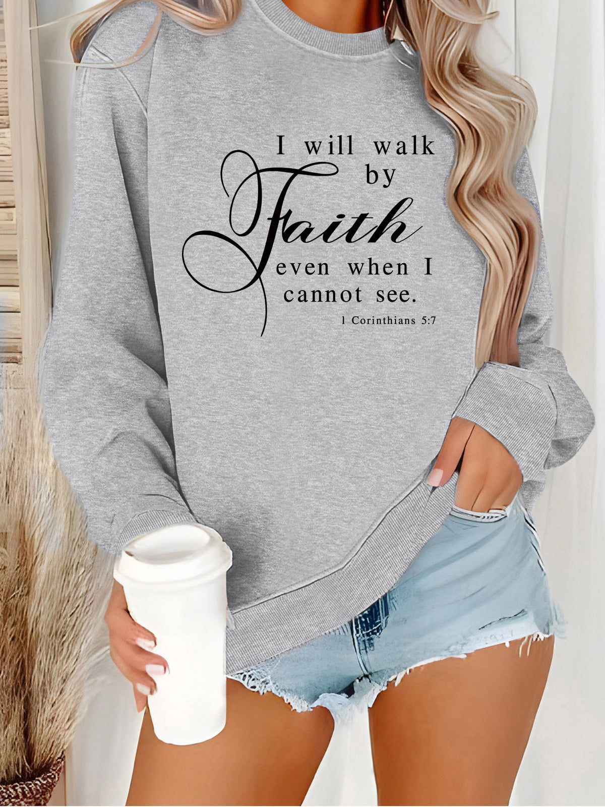 Round neck Faith Letter printed pullover sweatshirt sweatshirt