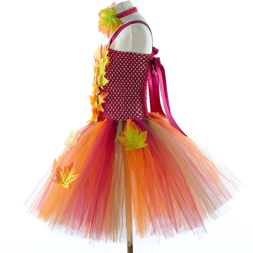 Halloween Style New Children's Realistic Maple Leaf Princess Dress Thanksgiving Girls Fairy Elf Tutu Skirt Tulle Puffy Dress