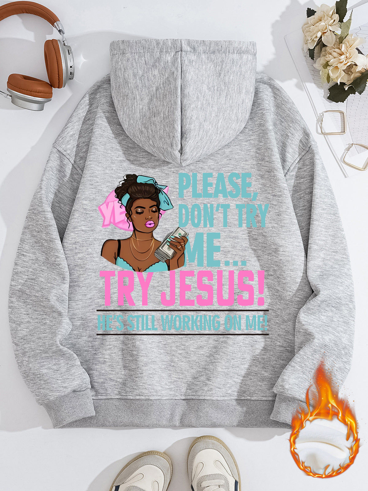 Long sleeved fleece sweatshirt top with TRY JESUS print