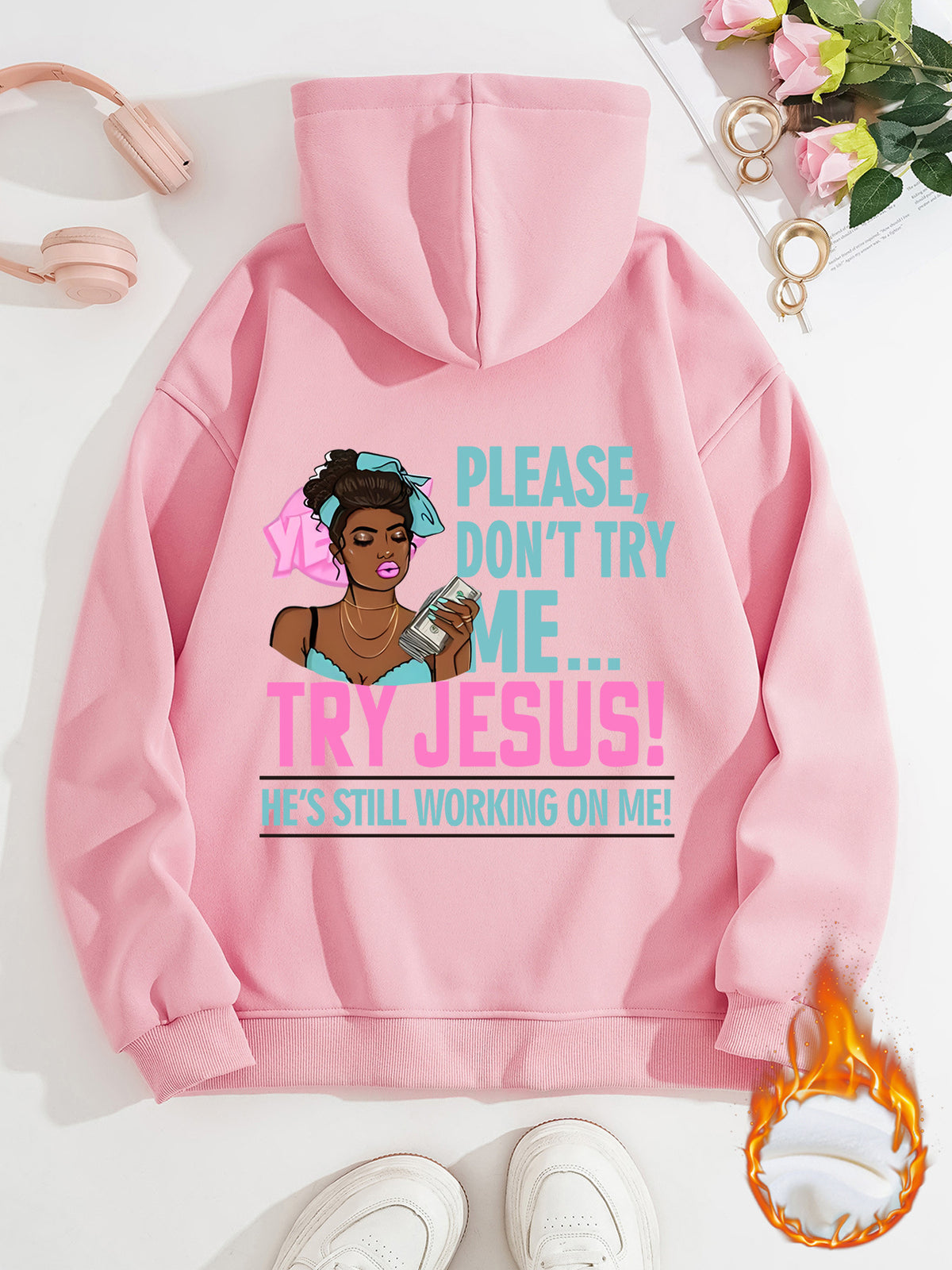 Long sleeved fleece sweatshirt top with TRY JESUS print