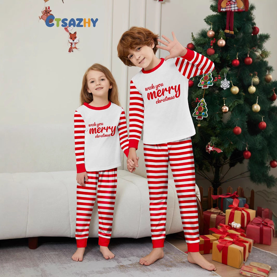 Red and White Stripe Letter Color-block Christmas Family Matching Printed Home Wear Pajamas