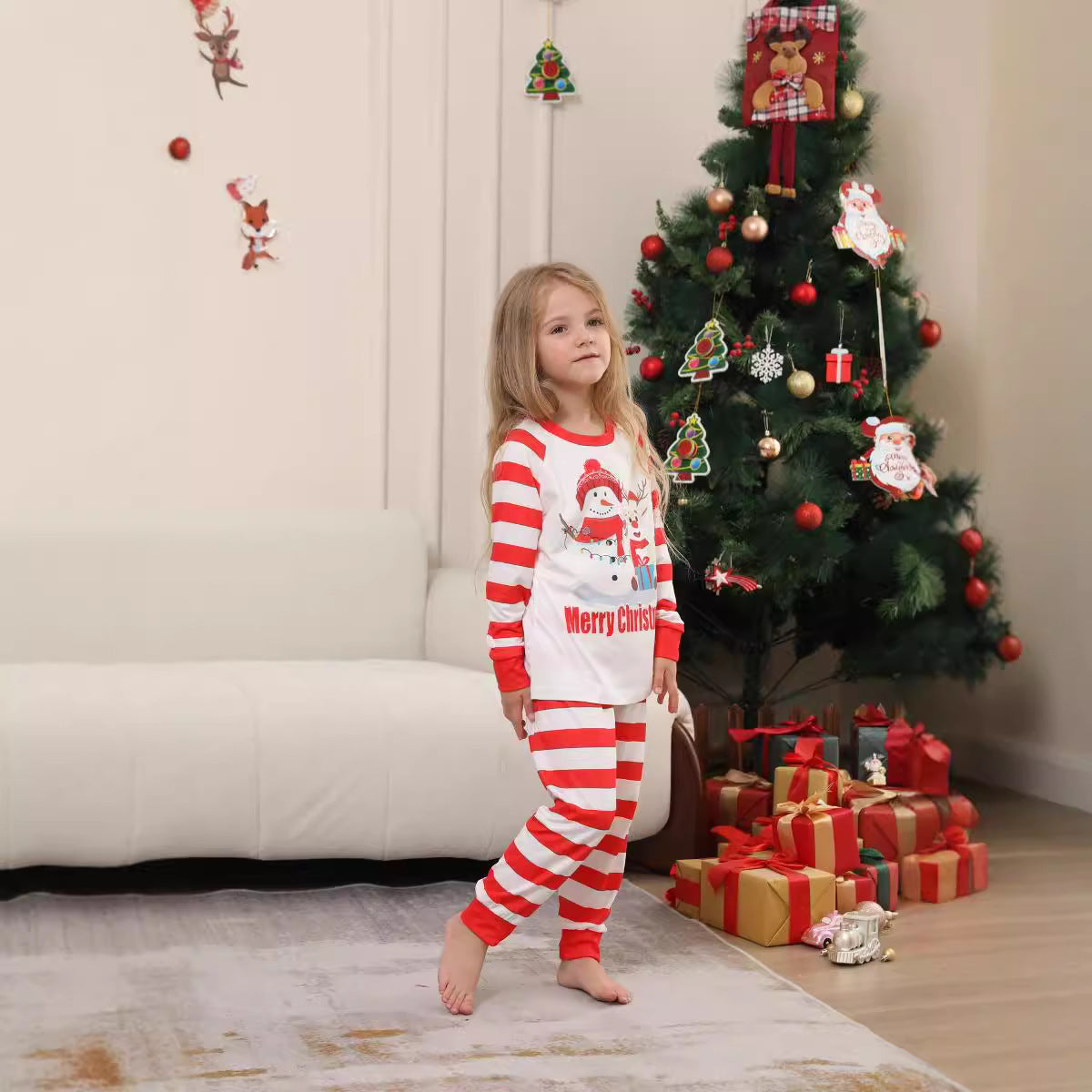 Christmas Family Matching Pajamas with Snowman Deer Letter Stripe Print