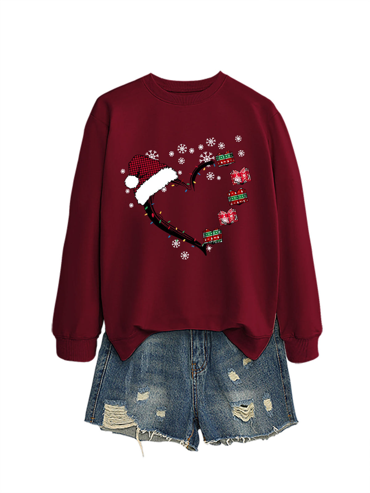 Christmas hat snowflake heart-shaped book colorful lights hoodie