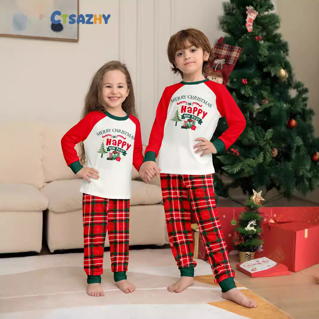 Christmas Family Matching Pajamas Letter Christmas Tree Print Red Plaid Set Sleepwear Home Wear