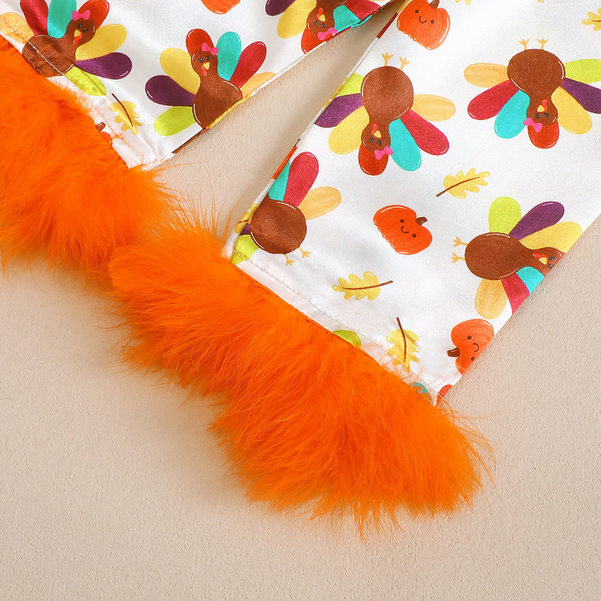Thanksgiving Plush Sleepwear Set with Frayed Edges, Pumpkin and Turkey Print, Turn-Down Collar, Two-Piece Home Wear