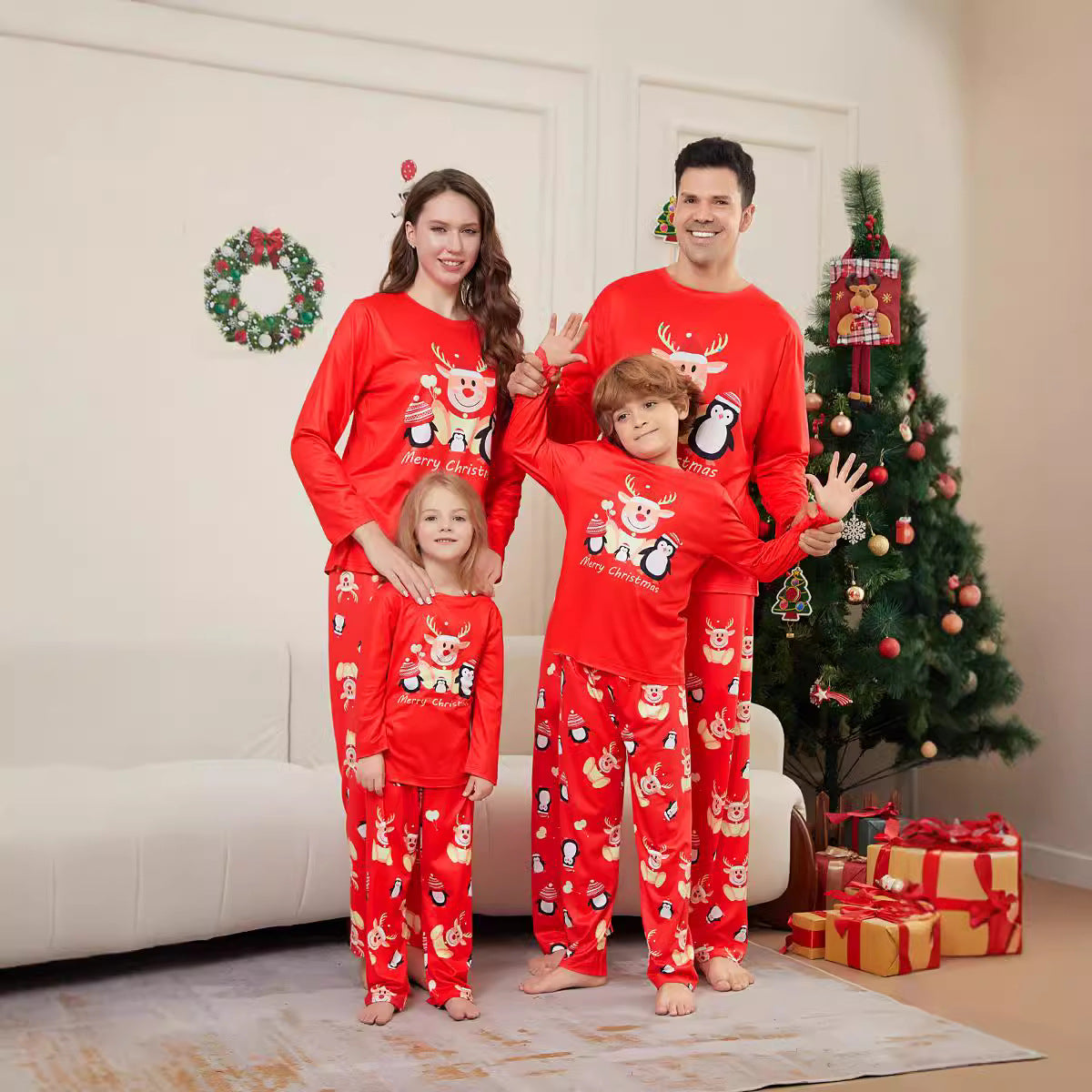Christmas Deer Penguin Letter Print Family Matching Pajamas Sleepwear