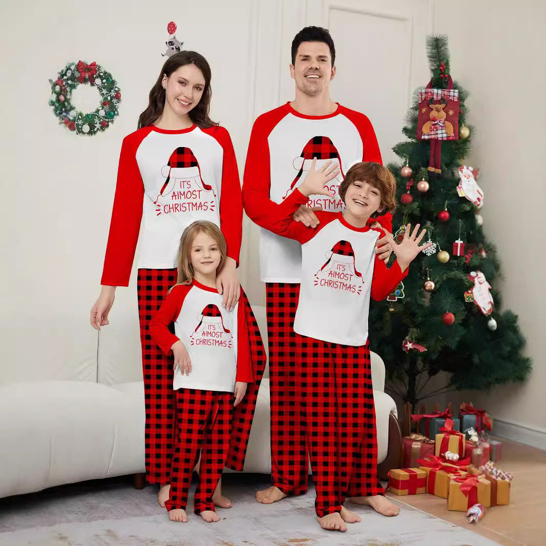 Christmas Hat Letter Plaid Christmas Family Matching Printed Home Wear Pajamas