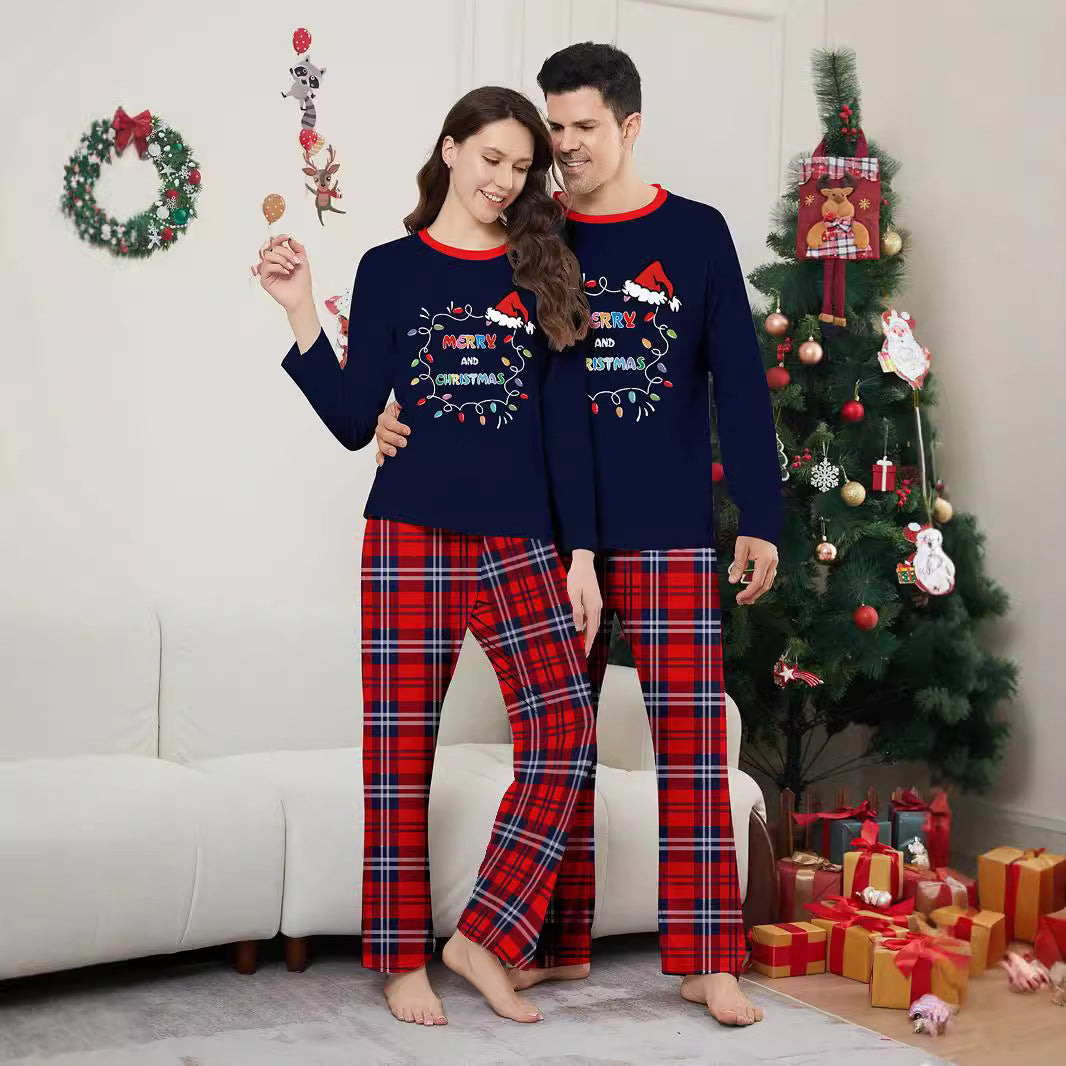Christmas Hat Letter Light Strip Christmas Family Matching Printed Loungewear Pajamas