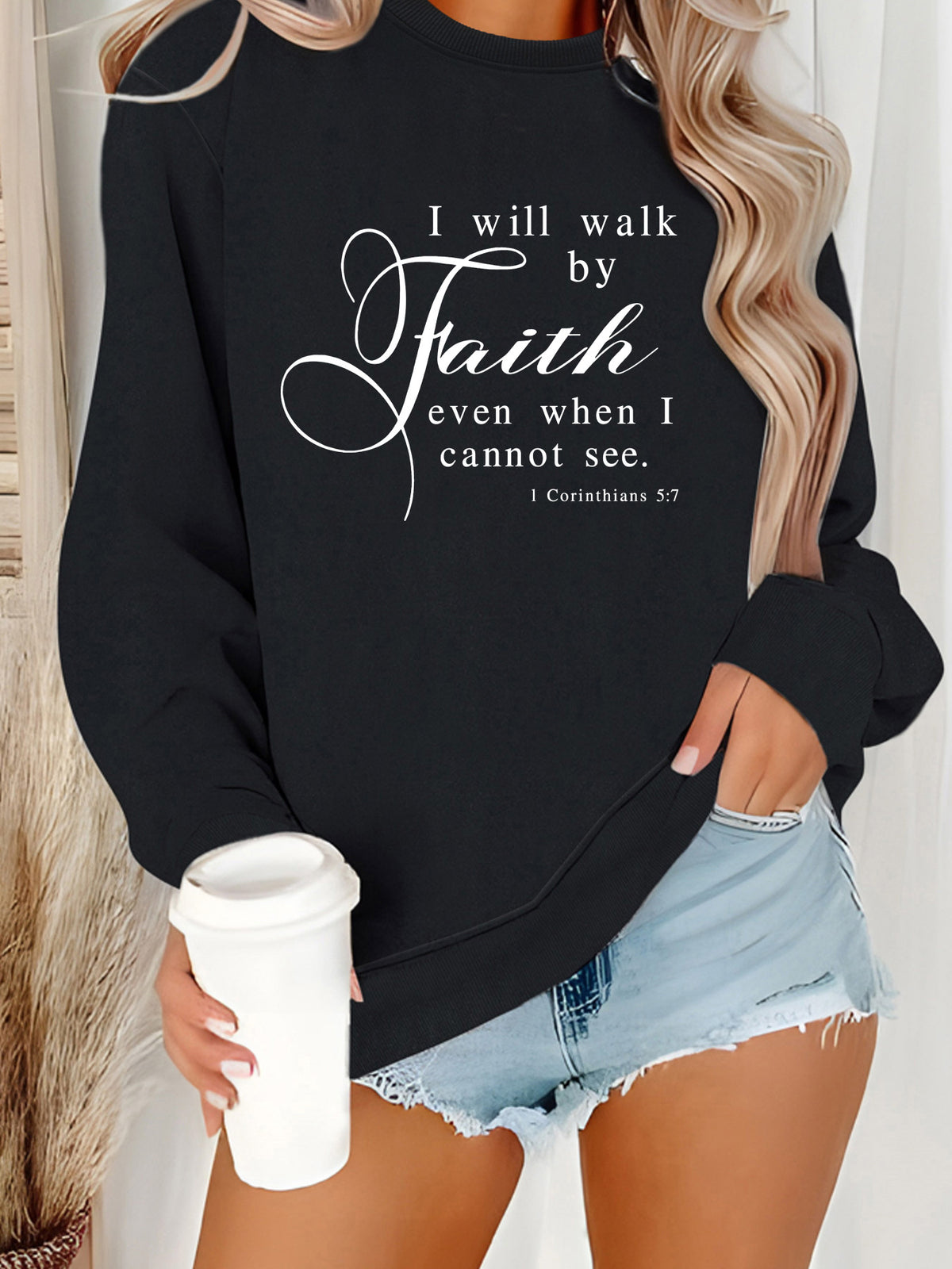 Round neck Faith Letter printed pullover sweatshirt sweatshirt